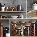 Stylish Kitchen Utensils Bowls Plates Storage Jars and Metal Canisters on Wooden Shelves