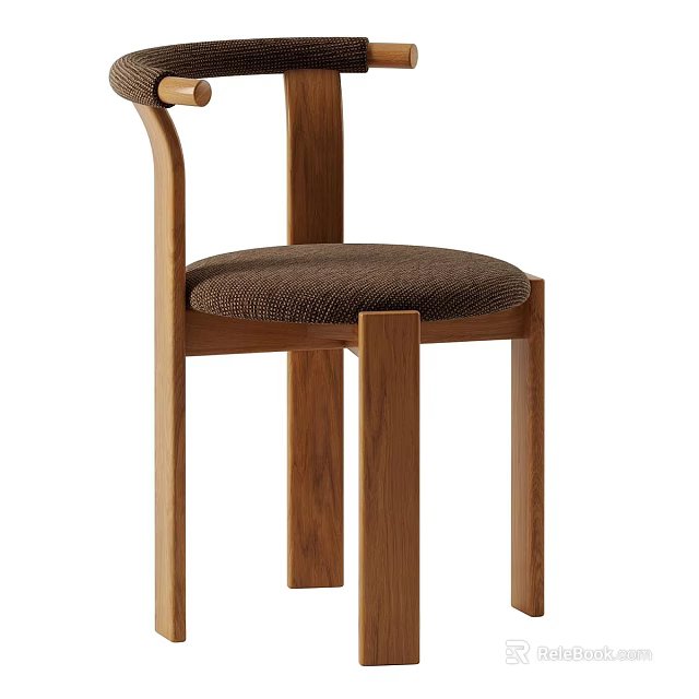 Modern Minimalist Single Chair With Natural Wood Frame Curved Backrest And Brown Fabric Cushion 3d model 