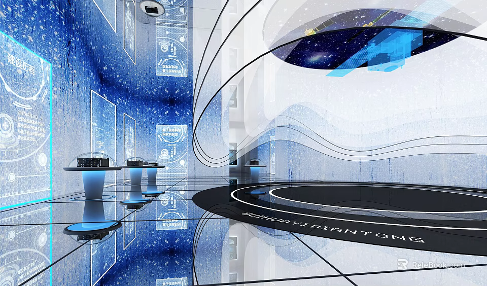 Futuristic Interior Design With Blue Starry Background Curved White Structures And Reflective Floors 3d model 