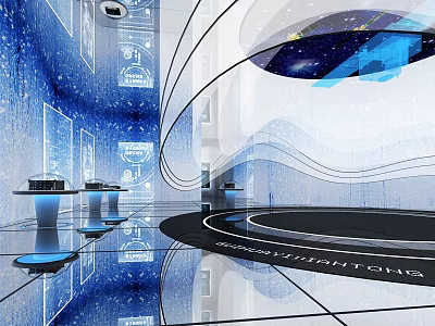 Futuristic Interior Design With Blue Starry Background Curved White Structures And Reflective Floors 3d model