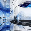 Futuristic Interior Design With Blue Starry Background Curved White Structures And Reflective Floors 3d model