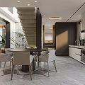 Modern Dining Area With Round Black Table Grey Chairs And Illuminated Display Shelves