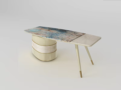 Modern Desk With Blue Green Marbled Top Cream Layered Circular Base And Slim Metal Legs 3d model