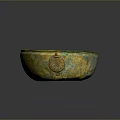 Ancient Bronze Sculptural Bowl With Green Gold Patina And Decorative Handles