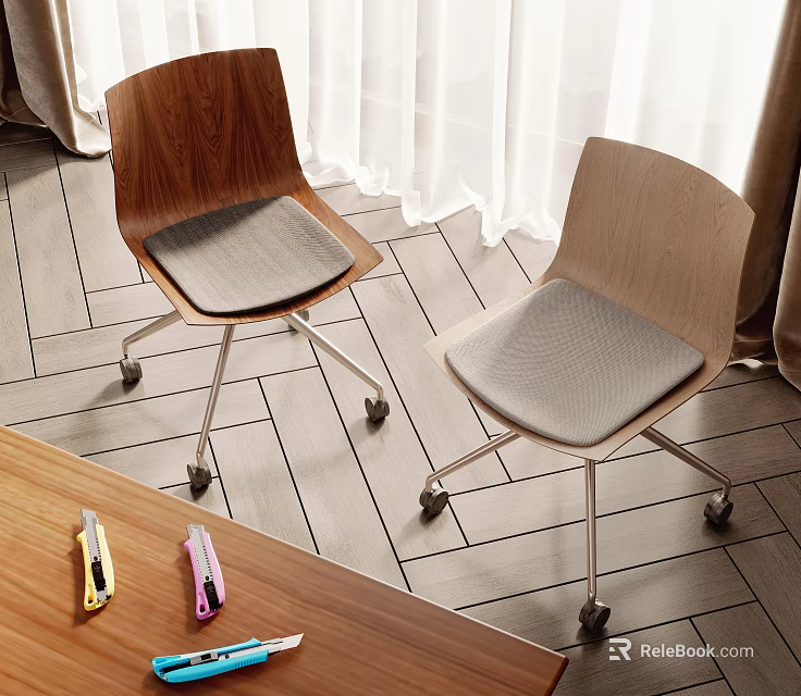 Wooden Back Office Chairs With Gray Cushion And Rolling Wheels For Home Office Use 3d model 