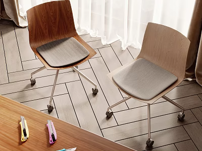 Wooden Back Office Chairs With Gray Cushion And Rolling Wheels For Home Office Use 3d model
