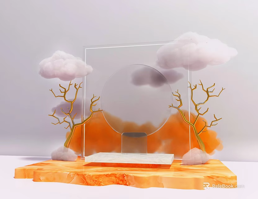 Modern Art Installation With Transparent Glass Frame Circular Element Clouds Golden Branches And Orange Base 3d model