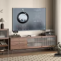 Modern Wooden TV Stand With Television Audio Equipment Drawers Glass Doors And Decorative Plants