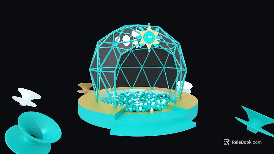 Vibrant Blue Geometric Dome Photo Spot With Colorful Balls Yellow Sun And Platform 3d model 