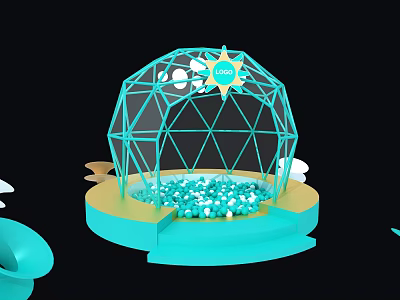 Vibrant Blue Geometric Dome Photo Spot With Colorful Balls Yellow Sun And Platform 3d model
