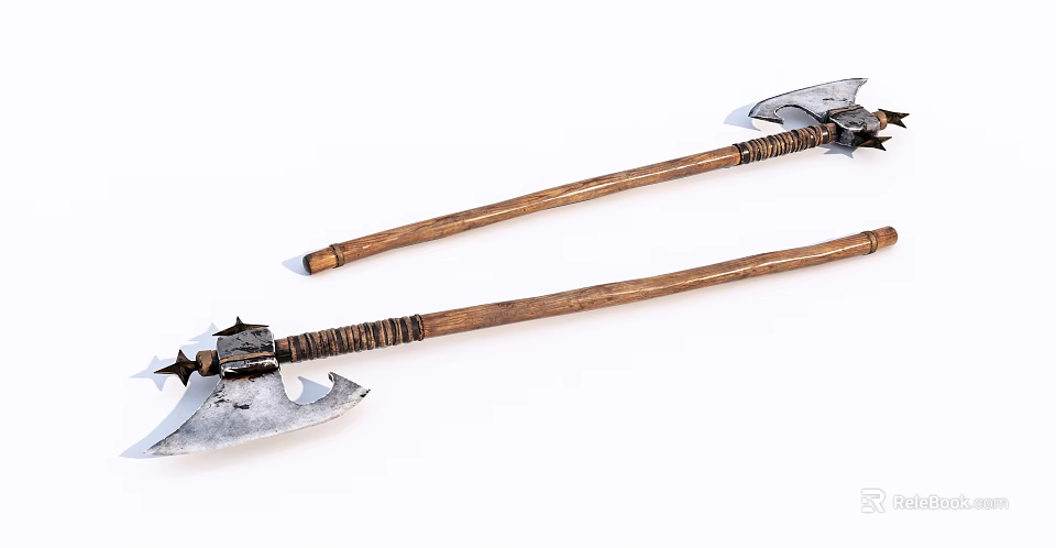 Two Ancient Battle Axes With Wooden Handles And Sharp Metal Blades 3d model 