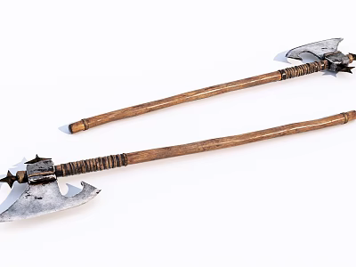 Two Ancient Battle Axes With Wooden Handles And Sharp Metal Blades 3d model