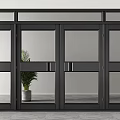 Black Double Doors With Grid Glass Panels And Potted Plant In Modern Interior