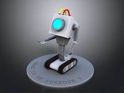 Silver Robot With Blue Eye Red Yellow Wires Tracks Base Engraved What Is My Purpose 3d model