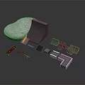 3D Architectural Design Elements With Bowl Structure Ramp Stairs Seats And Red Sign