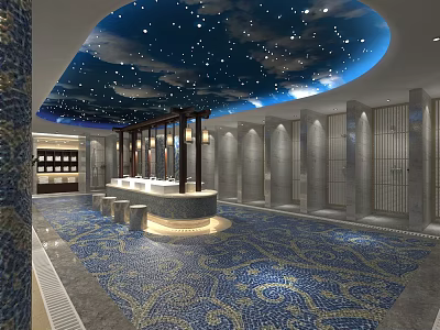 Luxurious SPA Sauna Interior With Starry Ceiling Blue Mosaic Floor And Marble Walls 3d model