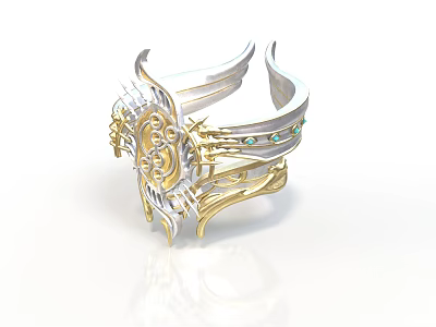 Elegant Silver and Gold Bracelet with Intricate Patterns and Green Gemstones for Daily Use 3d model