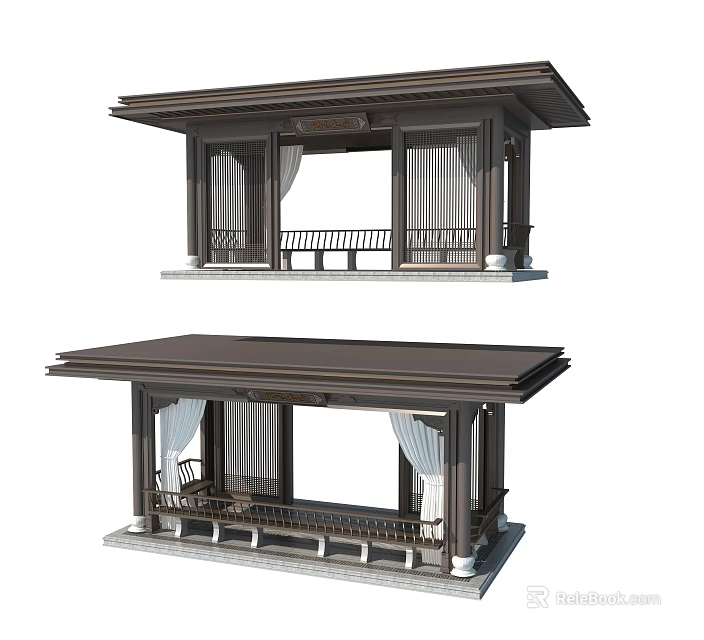 Traditional Chinese Style Pavilions With Wooden Roof Curtains And Benches Double View 3d model 