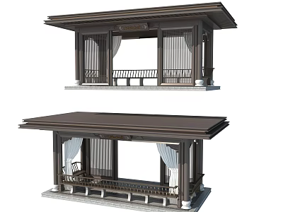 Traditional Chinese Style Pavilions With Wooden Roof Curtains And Benches Double View 3d model