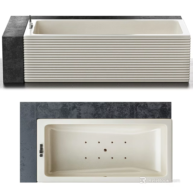 Modern White Bathtub With Ribbed Design And Dark Gray Accent Featuring Massage Jets 3d model 