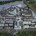 Modern Commercial Street With Waterfront Views Lush Greenery And Pedestrian Walkways