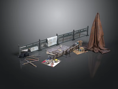 Outdoor Scene Components With Fence Wooden Table Chairs Brown Cloth Scattered Newspapers And Planks 3d model
