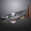 Outdoor Scene Components With Fence Wooden Table Chairs Brown Cloth Scattered Newspapers And Planks