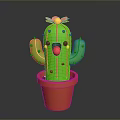Cartoon Style Green Cactus Plant With Orange Pot Red Flower And Smiling Face
