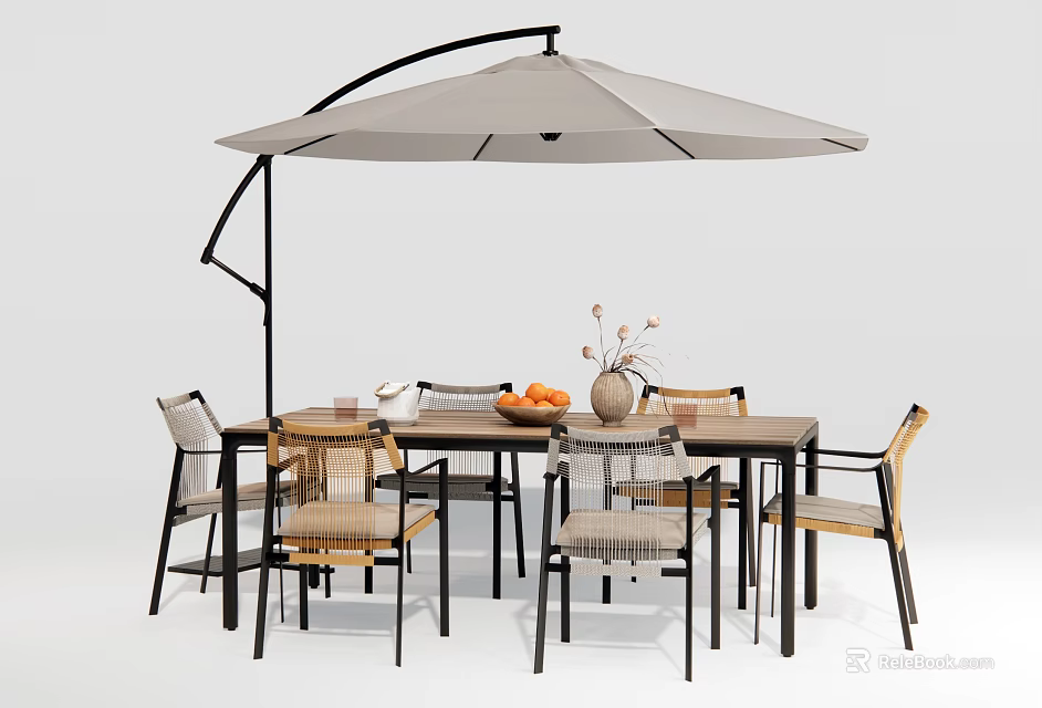 Modern Outdoor Dining Table with Cantilever Umbrella Wooden Chairs and Decorative Vase 3d model 
