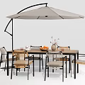 Modern Outdoor Dining Table with Cantilever Umbrella Wooden Chairs and Decorative Vase