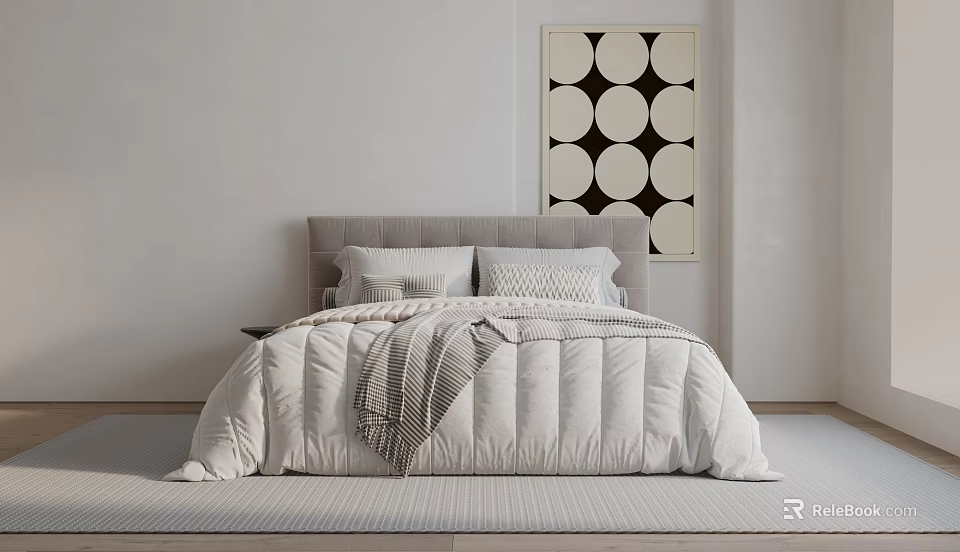Double Bed With Grey Headboard White Comforter Plaid Pillows And Black White Circular Wall Art 3d model 