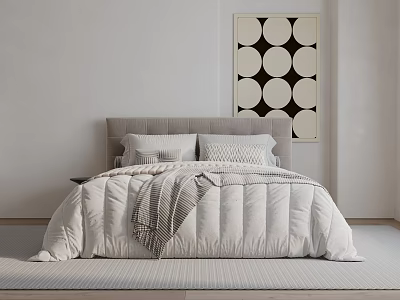 Double Bed With Grey Headboard White Comforter Plaid Pillows And Black White Circular Wall Art 3d model