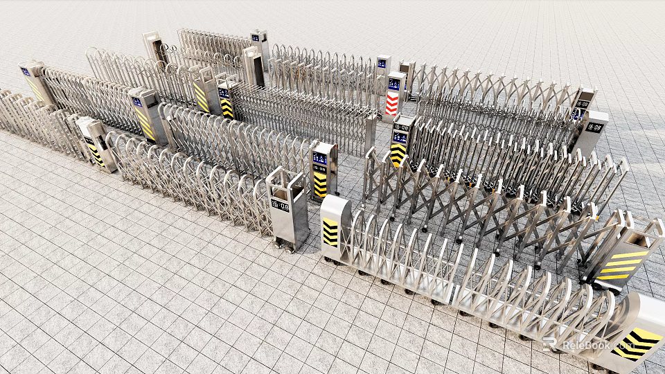 Public Facility Security Entrance With Stainless Steel Retractable Gates And Turnstiles 3d model 