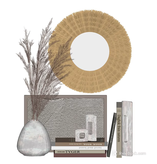 Modern Decorative Ornament Set With Vase Dried Flowers Round Mirror Photo Frame And Books 3d model 