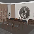 Traditional Chinese Tea Room Interior with Wooden Table Chairs Round Wall Art and Bookshelf