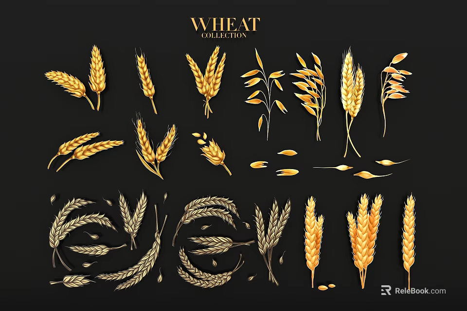 Wheat Themed Wall Decor With Golden Wheat Ears Stalks And Grain Elements 3d model 