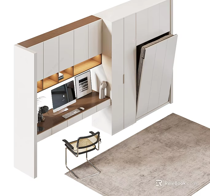 Modern Built-in Workspace Design With Computer Desk Chair Lighting And Storage Cabinets 3d model 