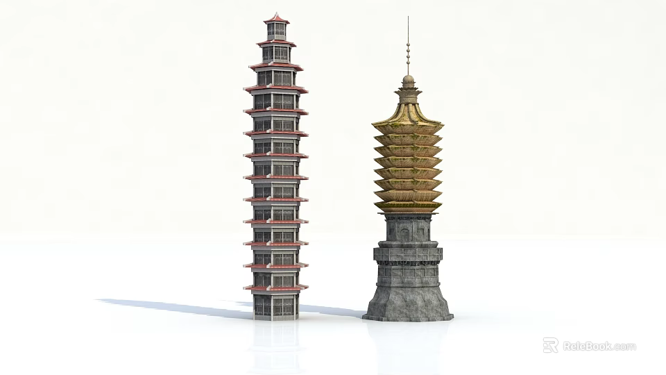 Traditional Multi Layered Red Gray Tower And Golden Pagoda With Stone Base Design 3d model 