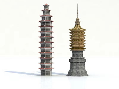 Traditional Multi Layered Red Gray Tower And Golden Pagoda With Stone Base Design 3d model