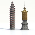Traditional Multi Layered Red Gray Tower And Golden Pagoda With Stone Base Design