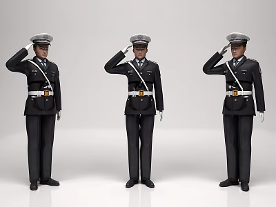 Three Men In Police Uniforms Standing And Saluting Together 3d model