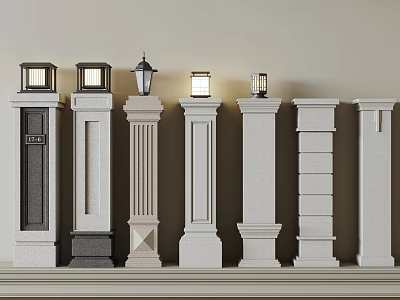 Various Design Stone Columns With Top Lanterns And Decorative Details 3d model