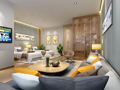 Modern Hotel Guest Room Interior With Cozy Sofa Coffee Table Beds And Decorative Paintings 3d model