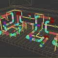 Orange and Yellow Pipes Layout in Indoor Concrete Walls With Gray Grid Floor
