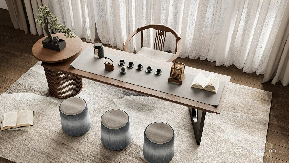 Elegant Tea Table and Chairs with Tea Set Open Book and Stools on Rug 3d model 