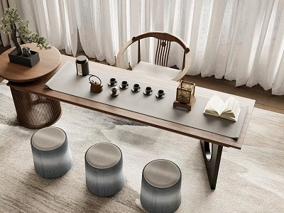 Elegant Tea Table and Chairs with Tea Set Open Book and Stools on Rug 3d model