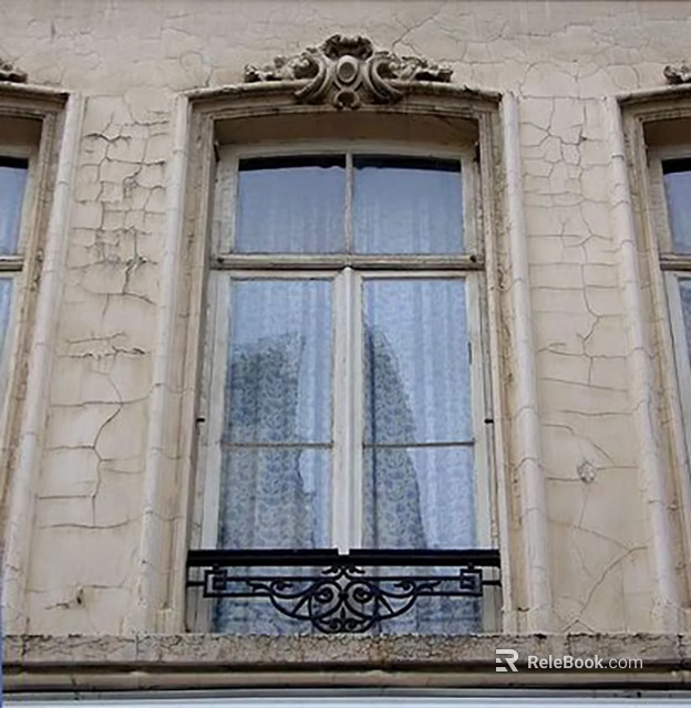 Vintage Building Window With Cracked Facade Iron Railing And Sheer Curtains 3d model 