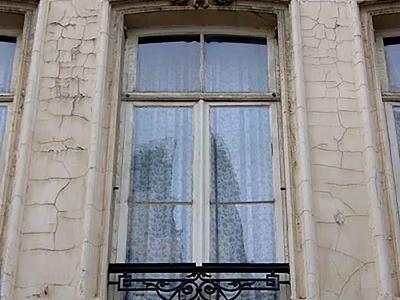 Vintage Building Window With Cracked Facade Iron Railing And Sheer Curtains 3d model