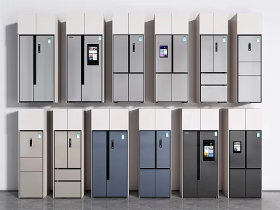 Various Styles of Modern Refrigerators and Freezers with Different Colors in Neat Arrangement 3d model