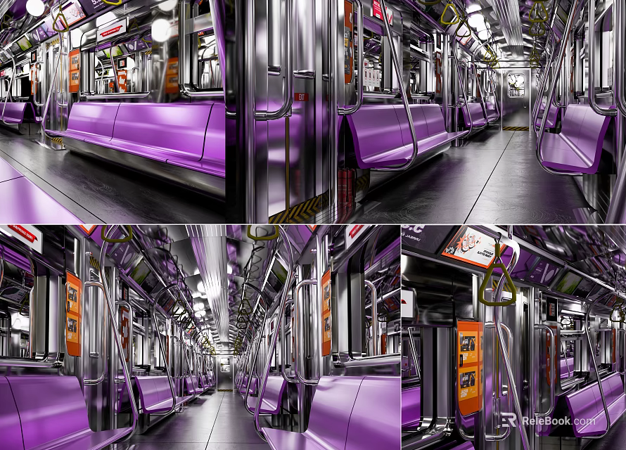 Modern Subway Car Interior Design With Purple Seats Metal Handrails And Lighting 3d model 